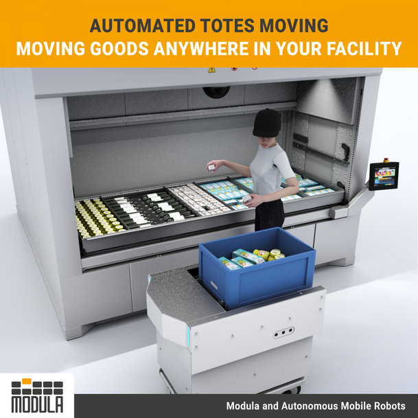 Modula e MiR collaborano per implementare l'automazione del magazzino, offrendo una soluzione completamente autonoma di stoccaggio, prelievo e movimentazione dei materiali